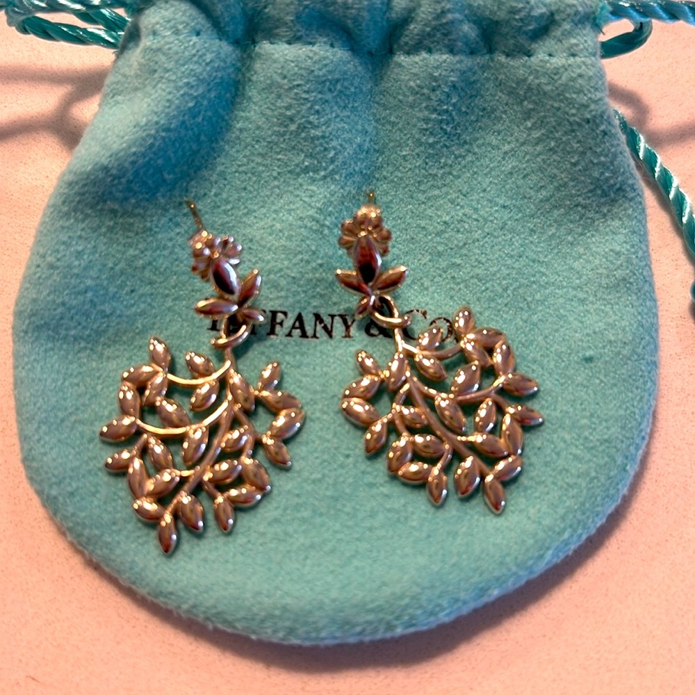 Genuine Tiffany Olive Leaf Drop Earrings pair